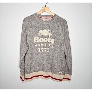 ROOTS Cabin Unisex Sweatshirt Medium Crewneck Pullover Beaver Gray Pockets